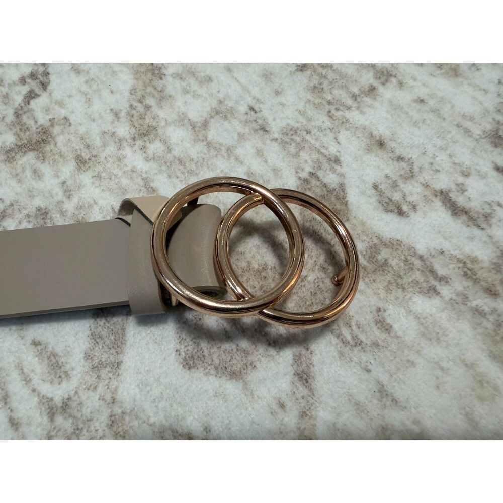 Cream Nude Gold Double Ring Circle Buckle Faux Leather Belt Women's Waist Belt